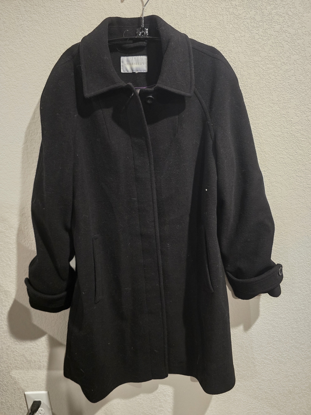 Appleseed's Women's Large Black Wool Blend Collared Mid-Length Car Coat